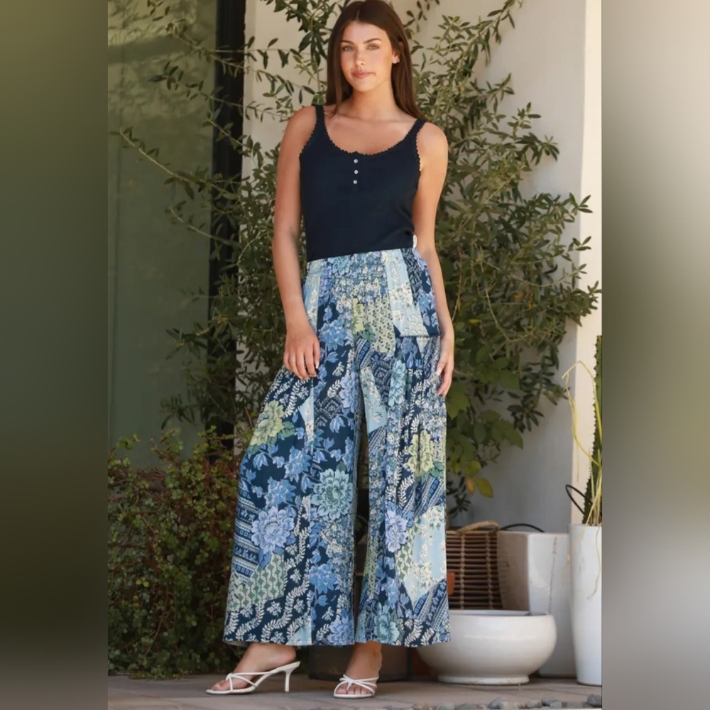 Angie Navy & Blue Patchwork Wide Leg Pants